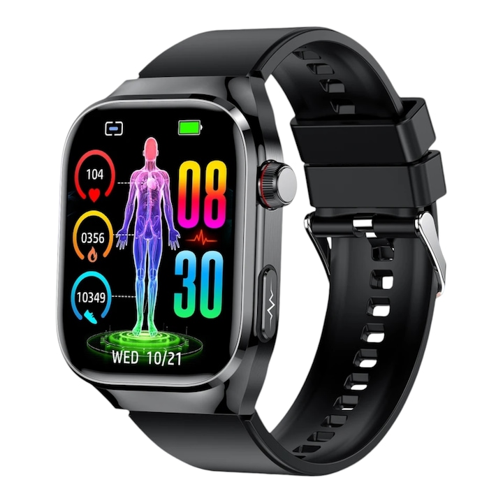 Дамски смарт часовник SMART TK16, кръвна захар, пикочна киселина, електрокардиограм, пулс, кръвно налягане, сатурация, гласови команди, разговори, черен