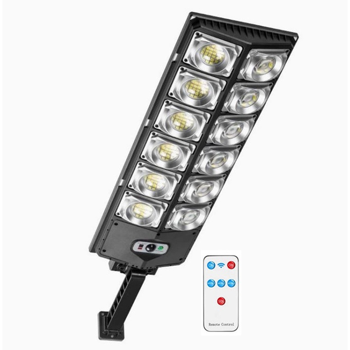 Lampa Solara Stradala Sau Gradina SIKS Cu Panou Solar Incorporat, De Exterior, 360 LED SMD, Lumina Neutra, Control Telecomanda, Senzori de Amurg, Miscare si Lumina, Brat de Montare, Rezistenta la Apa IP65, 3 Moduri De Lumina, Kit de Montaj Inclus, W789A6