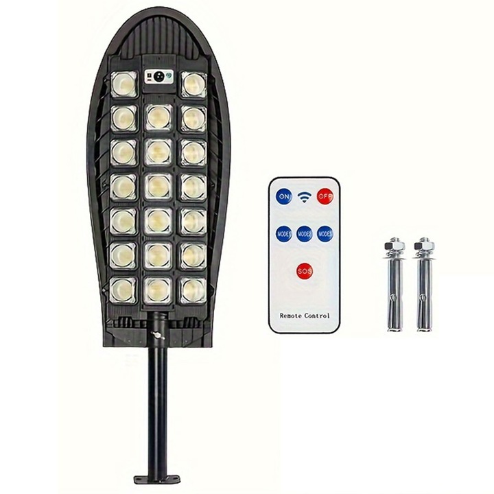 SIKS Napelemes utcai vagy kerti lámpa beépített napelemmel, kültéri, 520 SMD LED, semleges fény, távirányító, alkonyat, mozgás- és fényérzékelők, rögzítőkar, IP65 vízállóság, 3 fénymód, rögzítőkészlet mellékelve