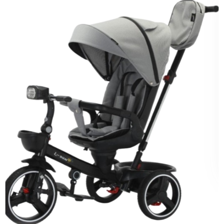 Tricicleta cu scaun reversibil Still, 6-36 luni, cu pozitie de somn, roata cauciuc, cu lumini si muzica, Still, gri