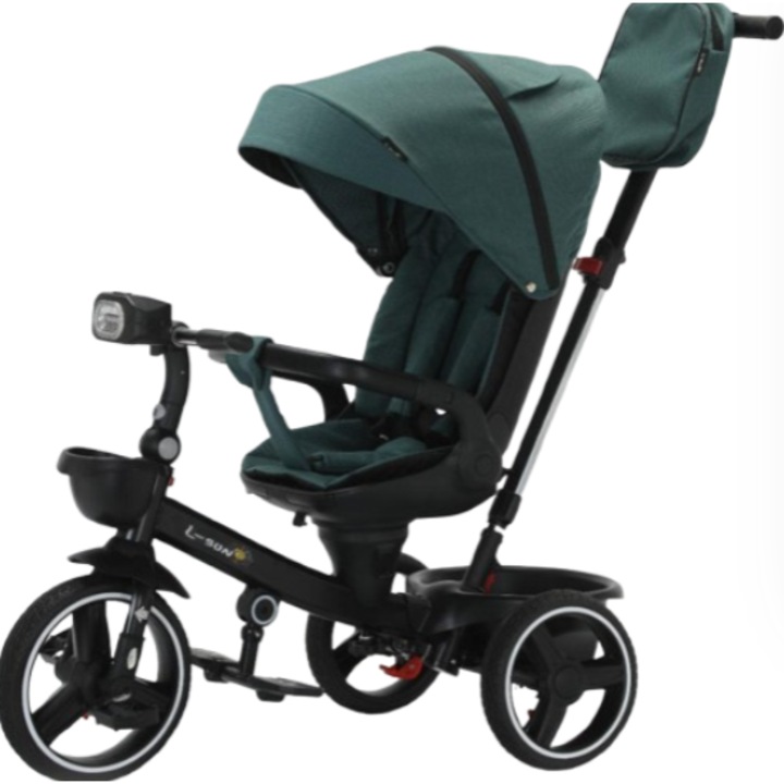 Tricicleta cu scaun reversibil Still, 6-36 luni, cu pozitie de somn, roata cauciuc, cu lumini si muzica, Still, verde