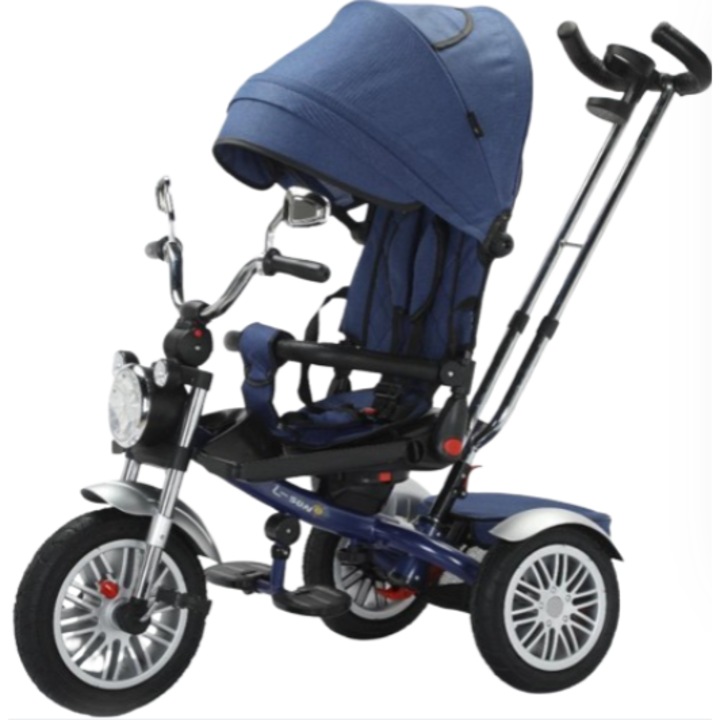 Tricicleta cu scaun reversibil Still, 6-36 luni, cu pozitie de somn, roata cauciuc, tip Motocicleta cu far, lumini si muzica, Still, Albastru