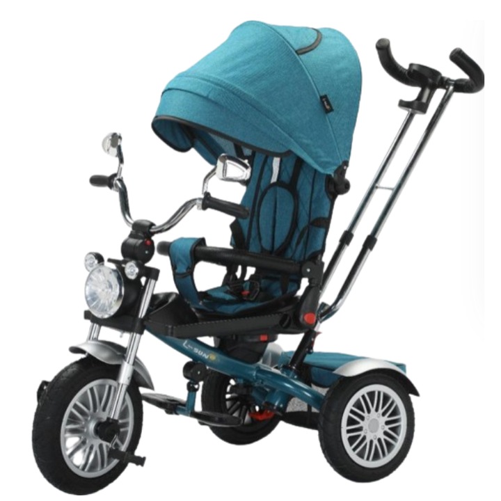 Tricicleta cu scaun reversibil Still, 6-36 luni, cu pozitie de somn, roata cauciuc, tip Motocicleta cu far, lumini si muzica, Still, Turcoaz