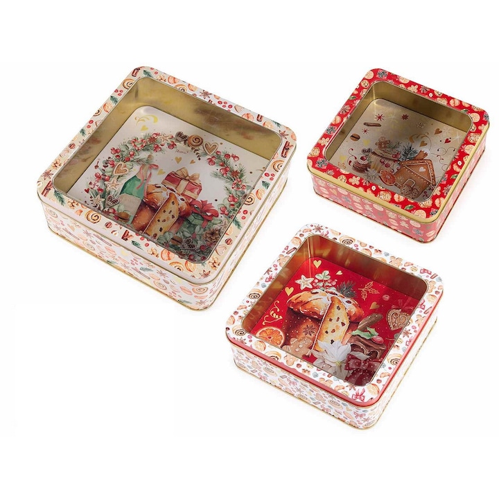 Set 3 cutii Craciun metal multicolor 20.5x20.5x7.5 cm, 17.5x17.5x6.5 cm, 15x15x5.5 cm