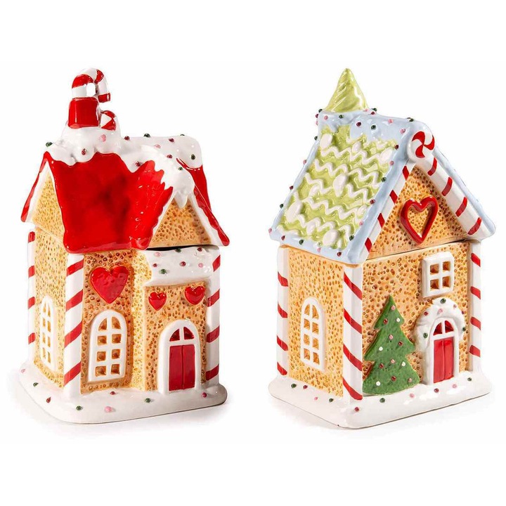 Set 2 borcane Casuta Turta Dulce ceramica multicolora 12.5x11.5x22.5 cm