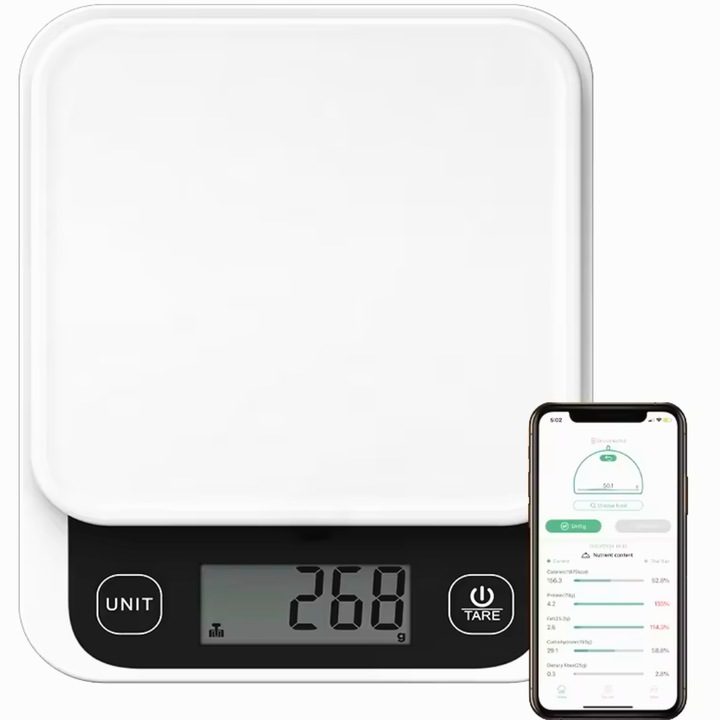 Cantar de bucatarie inteligent, Calculator calorii, Proteine, Grasimi, Carbohidrati, Colesterol, Aplicatie IOS/Android, Integrare Apple Health & Fitbit, 24 indici nutritionali mancare