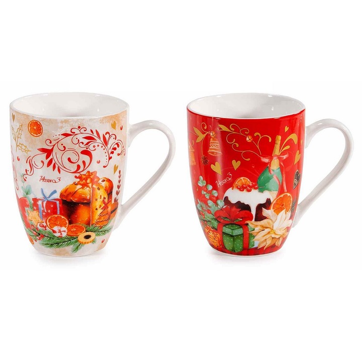 Set 6 cani Craciun portelan multicolor 8x10 cm, 300 ml