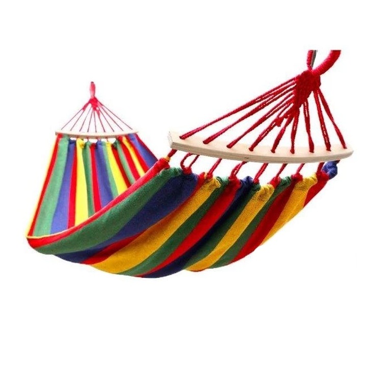 Двоен хамак с дървен прът, PROCART, 150 х 200 см, максимална товароносимост 200 кг, 330 г/м2, многоцветен