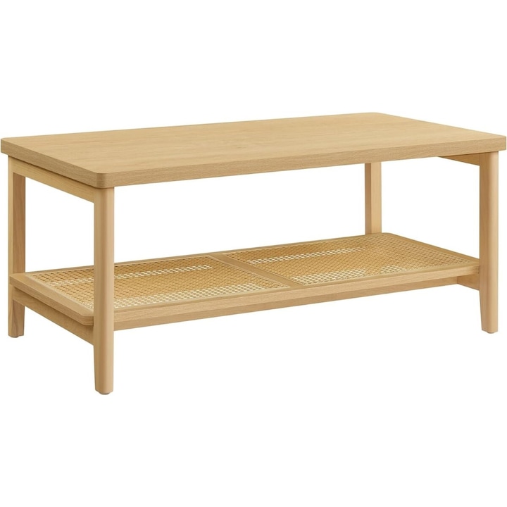 Маса за хол VASAGLE, 2 нива, с PVC ратан, цвят бежов дъб, 55x100x45см