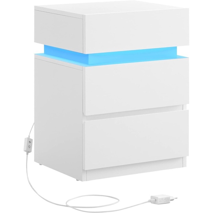 Нощно шкафче с LED осветление, VASAGLE 3 чекмеджета, бяло, 35x40x55см