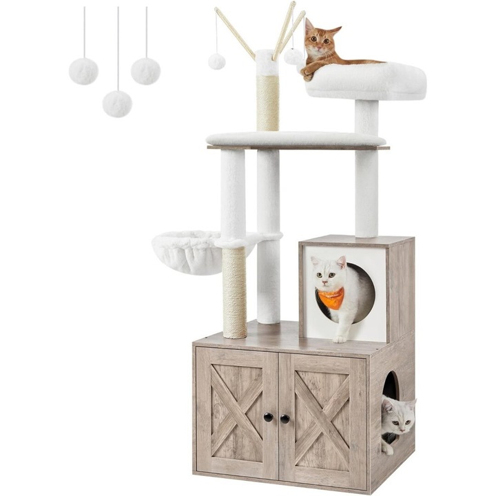Игрален комплект за котки с тоалетна, FEANDREA, PAL/plus/сизал, 3 стълба, сив, 57,5x50x140 см