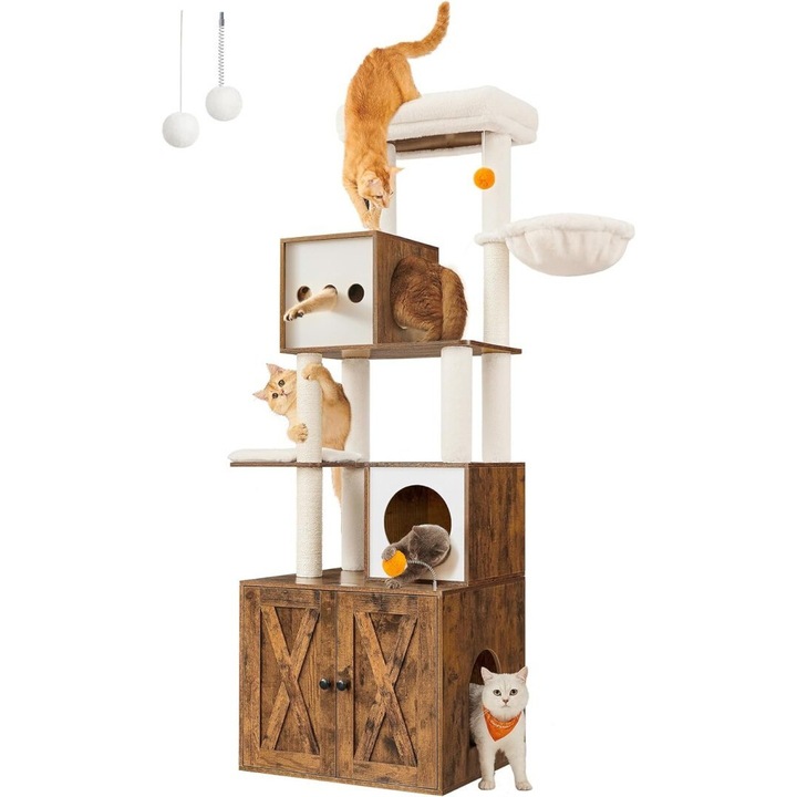 Игрален комплект за котки 2 в 1, Feandrea, ПДЧ, 185x52x60 см, Кафяво/Бяло