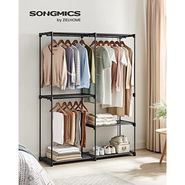 Преносим гардероб SONGMICS, стомана, 3 закачалки и рафтове, черен, 43x138x182 см