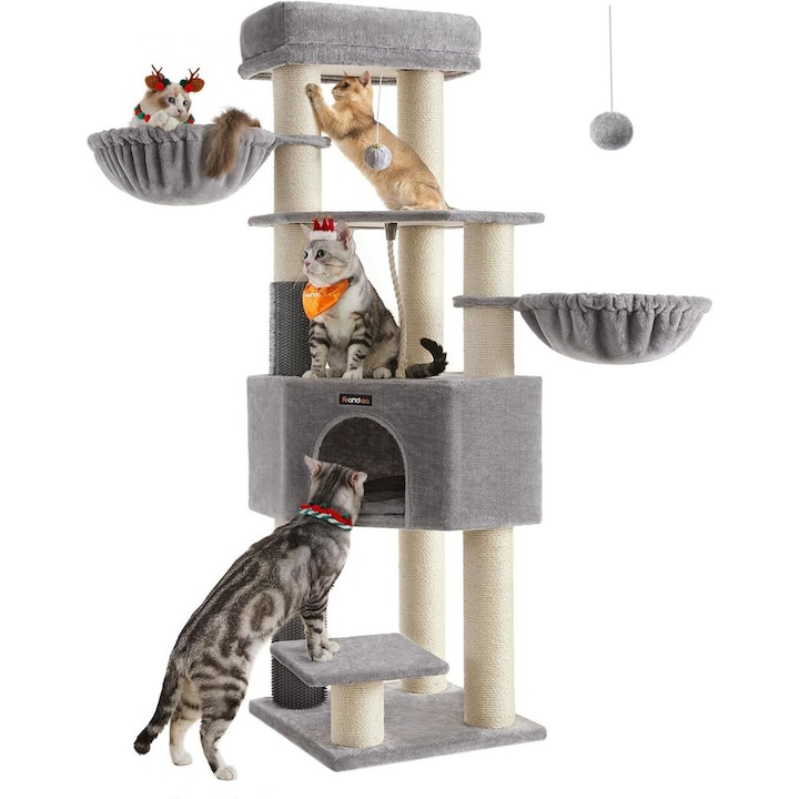 Игрален комплект за котка FEANDREA, PAL/Plus/Sisal, 9 колони, 2 възглавници, сив, 50x50x160 см