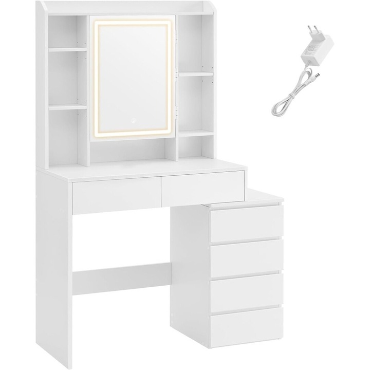 VASAGLE тоалетка с LED осветление, 7 отворени рафта, 2 големи чекмеджета, бяла, 40x117,5x145 см
