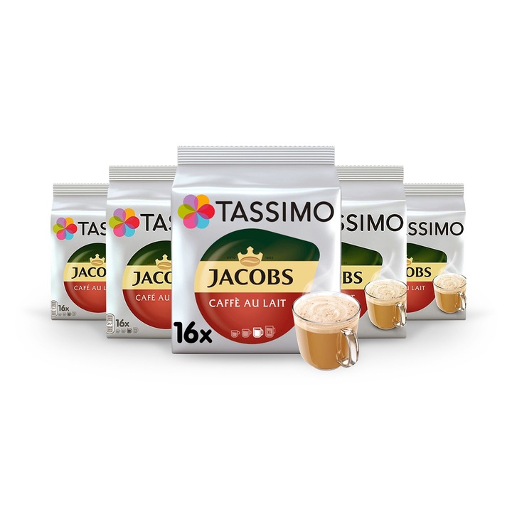 Комплект 5 х Кафе капсули Tassimo Cafe Au Lait, 80 напитки x 180 мл, 80 капсули