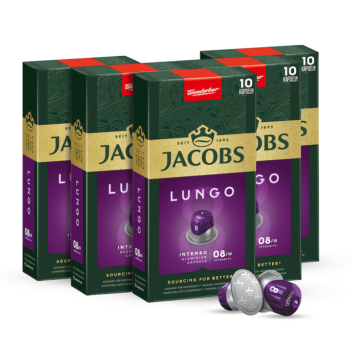 Комплект 5 кутии капсули Jacobs Lungo Intenso, 50 броя алуминиеви капсули, съвместими с Nesspreso Original, 260 гр