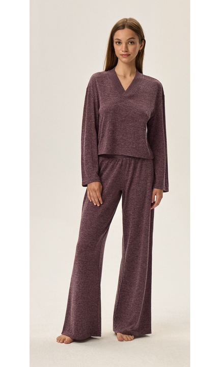 Pijamale dama, Henderson, violet, material tricotat din viscoza, decolteu in V, lungi