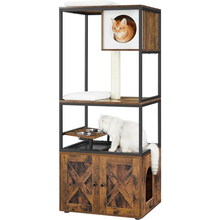 Игрален комплект за котки, FEANDREA, PAL, 4 нива, с тоалетна, кафяв, 61x50x146см