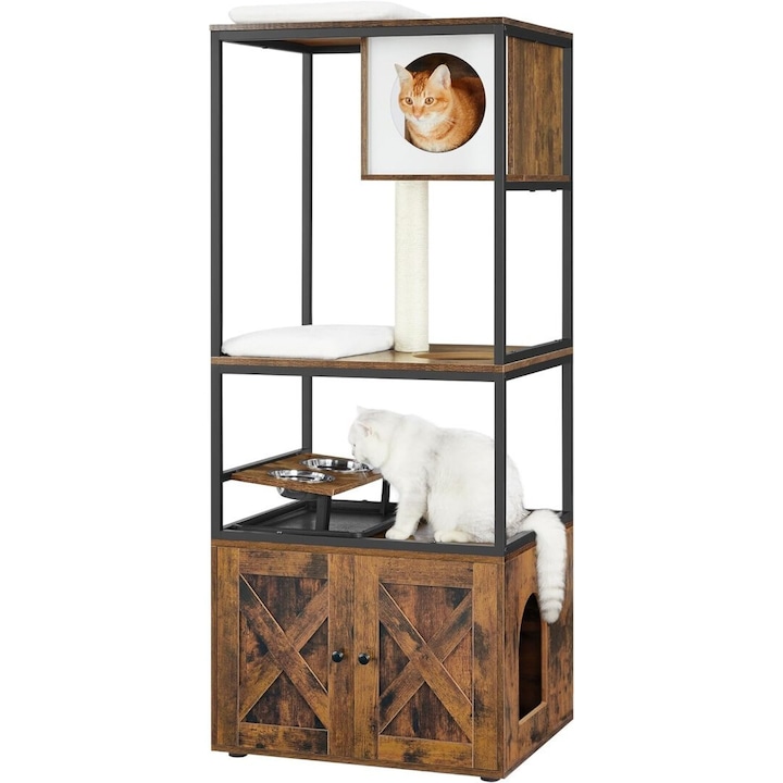 Игрален комплект за котки, FEANDREA, PAL, 4 нива, с тоалетна, кафяв, 61x50x146см