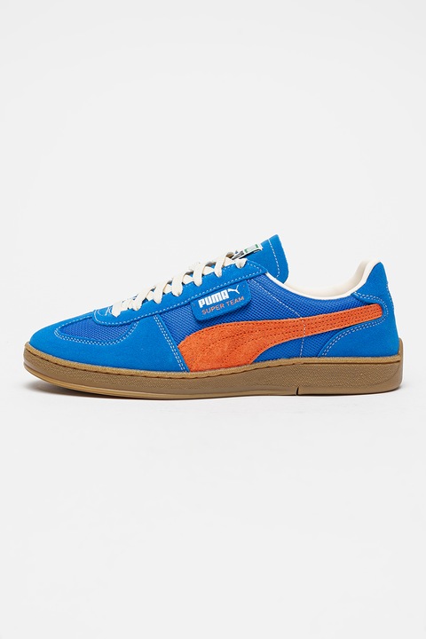 Puma, Pantofi sport cu garnituri de piele intoarsa Super Team, Portocaliu mandarina/Albastru royal/Alb murdar