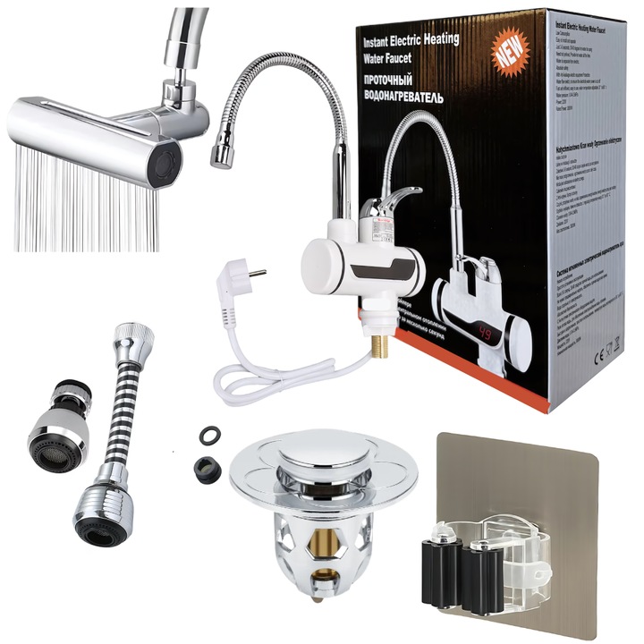 Elektromos csaptelep SZETT digitális kijelzővel, azonnali melegvízhez + öntapadó felmosó vagy felmosó tartó + felugró leeresztő dugó + 360°-os csaptelep hosszabbító és víztakarékos készlet