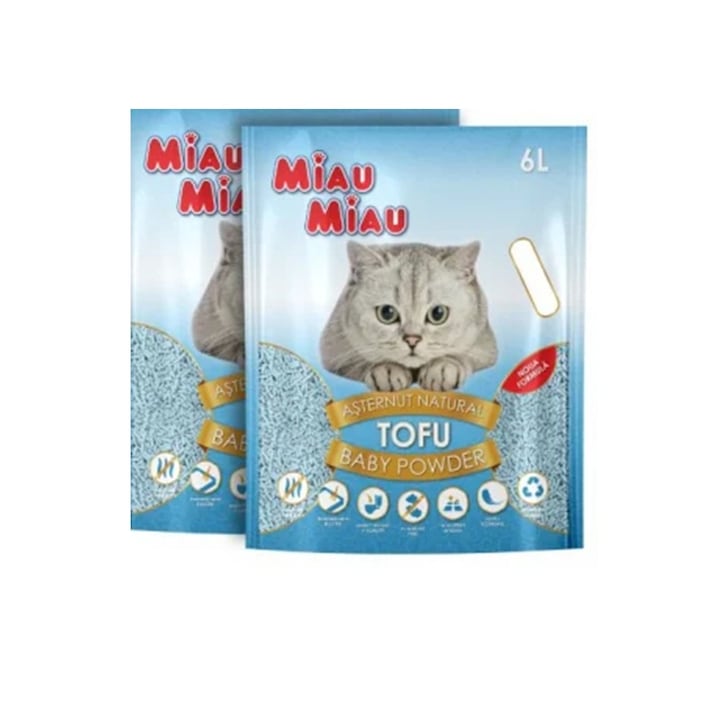 Set 2 buc X Asternut igienic pentru pisici Miau Miau Tofu Baby Powder 6L