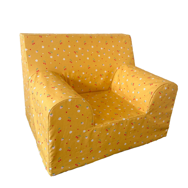 Fotoliu pentru Copii, Galben Mustar cu Cirese, Bumbac, TWINDECO Cherries Kids Armchair