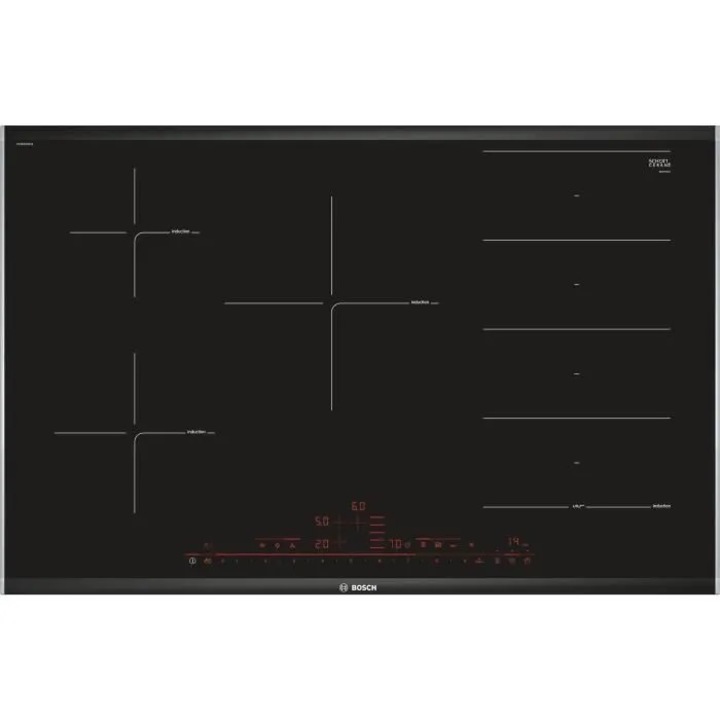 Plita incorporabila cu inductie BOSCH SER8 PXV875DV1E, 80 cm, 5 arzatoare, Home connect, 17 Trepte putere, Sticla, Negru
