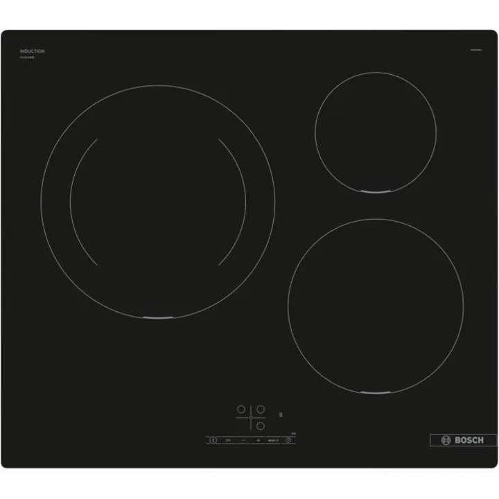 Котлон за вграждане BOSCH PUJ611BB5E SERIES 4, Индукция, 4600 W, 3 Зони за готвене, Сензорно управление, PowerBoost, QuickStart, ReStart, Заключване за деца, Таймер, 60 см, Черен