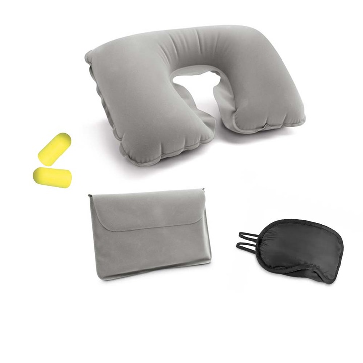 Perna de calatorie gonflabila, moale la atingere, cu masca de dormit, dopuri pentru urechi, cu husa, gri, dalimag