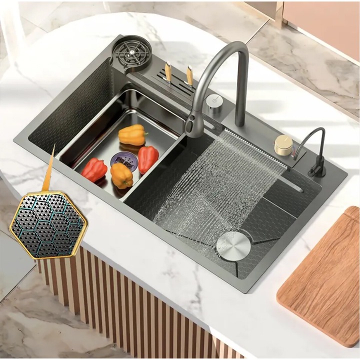 Chiuveta multifunctionala cascada, robinet extensibil, tocator, cuva, strecuratoare, modul spalare pahare, dozator sapun, robinet apa filtrata, culoare negru gri, dimensiune 750x450mm