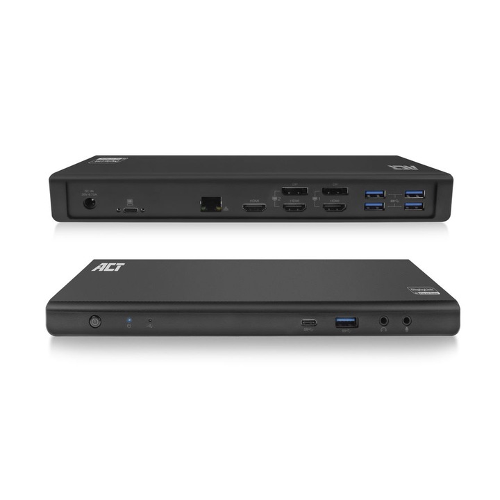 ACT (AC7048) USB-C dokkolóállomás 4K, 2 vagy 3 HDMI/DisplayPort monitorhoz, DisplayLink, 1* USB-C PD 100W, 5*USB-A, RJ45 Gigabit, audió csatlakozó, fekete
