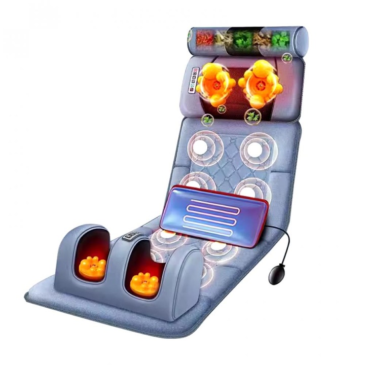 Saltea pentru masaj complet Shiatsu, perna de masaj detasabila, 7 moduri de masaj, 10 motoare de vibratii, 3 trepte de viteza, dispozitiv de control, piele ecologica, gri