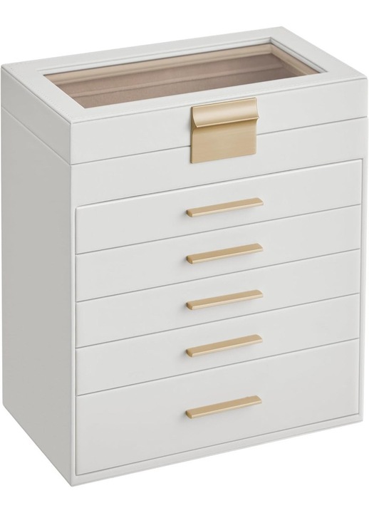 Ékszerrendező, SONGMICS, 6 szintes, 5 fiókos, MDF/poliuretán, fehér arannyal, 16,3x25,1x29cm