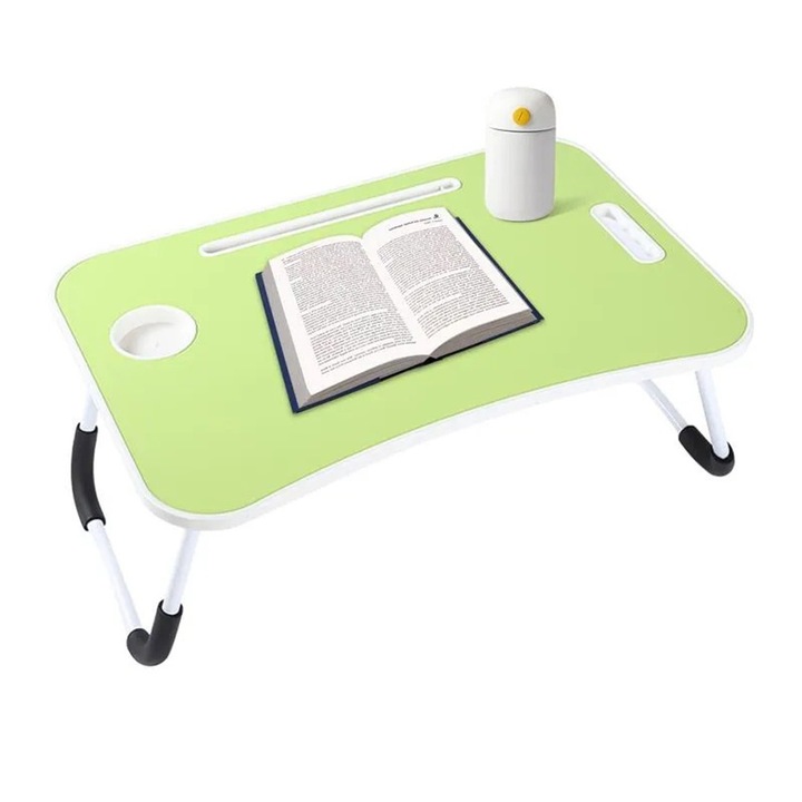 Masuta pliabila, birou practic, suport laptop, tableta, carte, pahar, cu maner, picioare antiderapante, Metal cu Blat MDF, 60x40x26cm, Verde, Artenova
