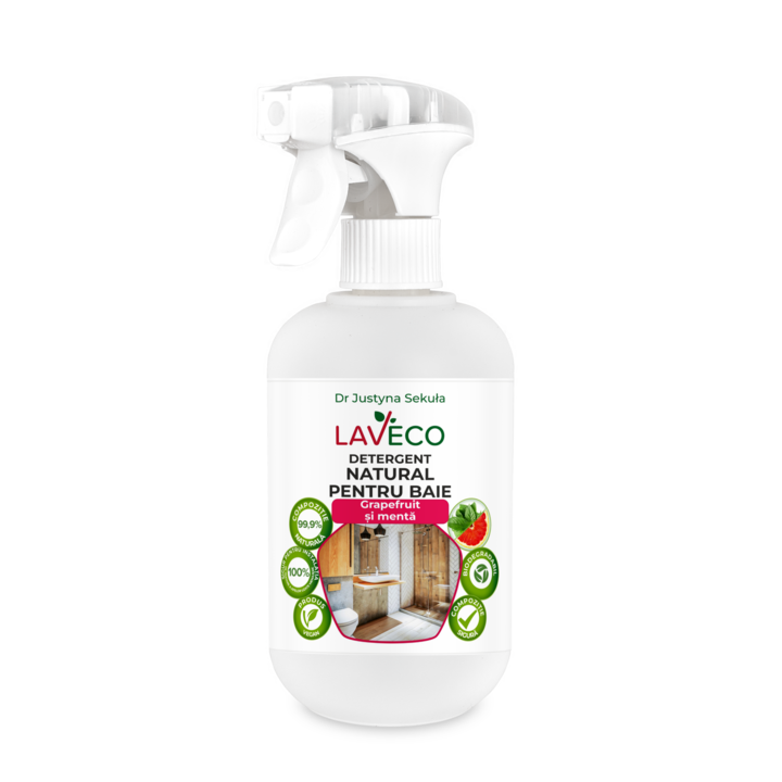 Solutie curatare pentru baie Universala Bio(100% natural)-cada, capac toaleta, cabina dus, gresie, inclusiv depunerile de calcar-sigur pt copii si hipoalergeniccu miros de Grapefruit si Menta-0.5 L