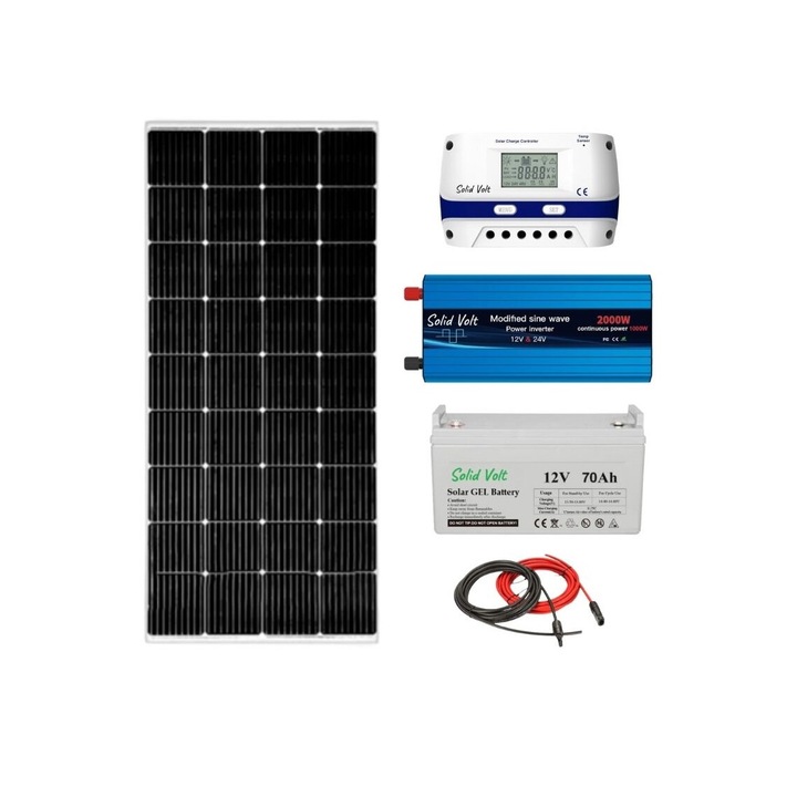 Kit Solar Fotovoltaic 12V 100 W, baterie cu gel de 70ah-12v cu Panou Fotovoltaic Monocristalin 100 W, invertor 2000w, controller 20A, conectori, 20 m cablu off-grid cabane, container, rulota, camping, locuri izolate Solid Volt