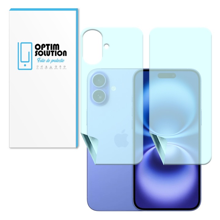 Folie Hydrogel Fata-Spate Regenerabil pentru Apple iPhone 16 Plus, OPTIM SOLUTION, High Sensitivity, UHD Clarity, Shock Absorption, Flexible Hydro-Crystal, Silicon Compozitie Ultrasafe Membran, Elite Class Protection, Transparenta