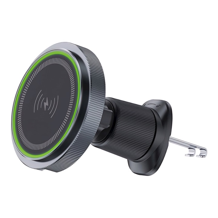 Suport Auto Magnetic cu Incarcare Wireless 15W, Prindere Ventilatie, Universal, Rotire 360°, Negru