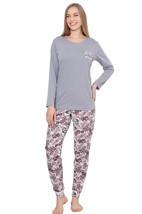 Pijama dama bumbac, imprimeu modern, gri 109 7096, Gri