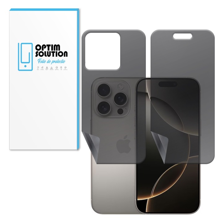 Протектор Hydrogel Privacy Regenerable Front-Back за Apple iPhone 16 Pro Max, OPTIM SOLUTION, Anti-Spy, High Sensitivity, UHD Clarity, Shock Absorption, Flexible Hydro-Crystal, Increased Intimacy, Elite Class Protection, Oleophobic Function, Black