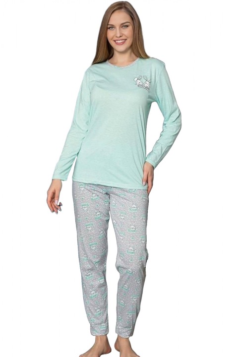 Női pamut pizsama, kényelmes, nyuszi mintával, lakkal 820 7146, Zöld