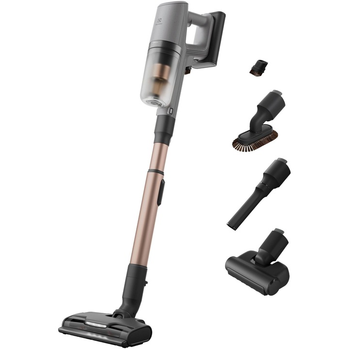 Вертикална прахосмукачка Electrolux Animal 800 EP82AB25UG, Автономност до 90 мин, 25.2 V, 150 AW, LCD екран, 3 скорости + AUTO, 0.4 л, Електрическа четка с LED, Накрайник за тесни пространства и деликатни зони, Стойка за зареждане на под, Тъмносив