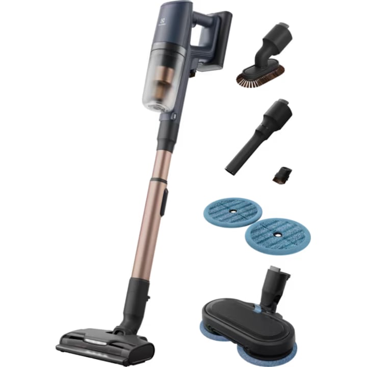 Вертикална прахосмукачка Electrolux Wet 800 EP82H25WET, Автономност до 90 мин, 25.2 V, 4000 mAh, Всмукателна мощност 140 AW, LCD екран, 3 скорости + AUTO, 0.4 л, Турбо четка с LED, Четка за почистване с LED, Стойка за зареждане на пода, Индигово син