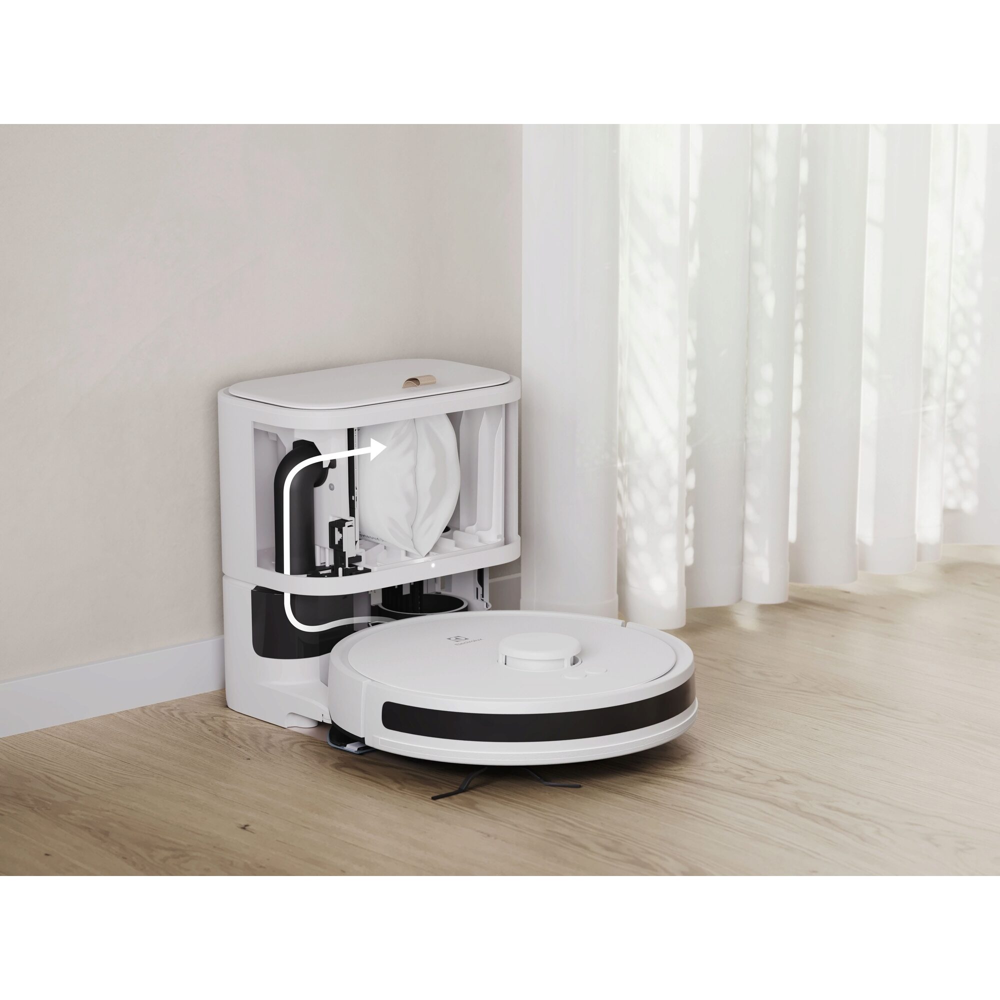 Robot de aspirare Electrolux ER71UW2SW, aspirator si mop, statie automata de golire cu sac igienic Electrolux, 2,4l, tehnologie LiDAR, WI-FI, app Electrolux, 4000Pa, baterie 3200mAh, 46 Wh, 4 viteze, autonomie pana la 140 minute, alb