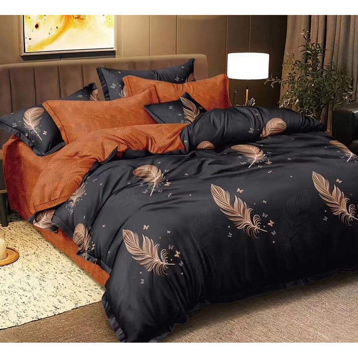 Lenjerie de pat dublu, bumbac satinat, 4 piese, 2 persoane, Imprimeu Pene, 240x250cm, Negru-Maro