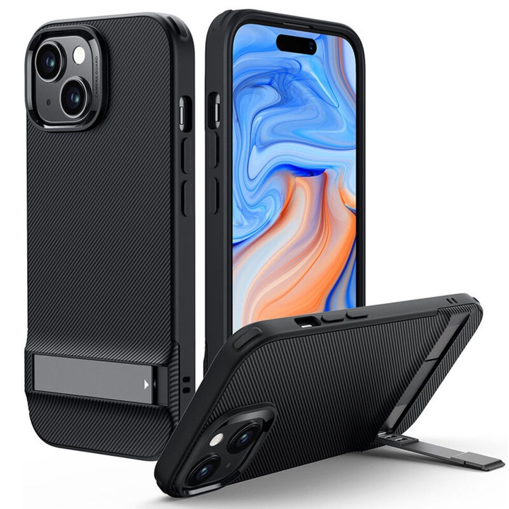Защитен калъф, съвместим с Apple iPhone 15, Air Shield Boost, със стойка, TPU, черен