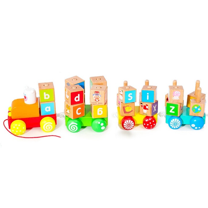 Tren din lemn cu 26 de blocuri educationale, Ecotoys, litere mari si mici, culori, 3 vagoane, 3x3x3cm