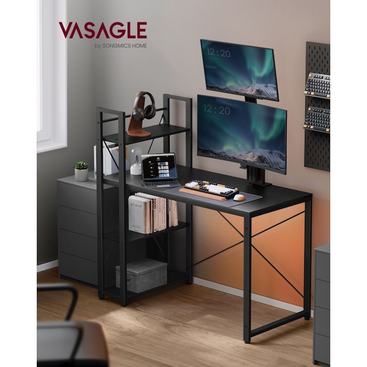 Birou Computer Birou computer, VASAGLE, cu rafturi, 56x120cm, negru, reglabil - eMAG.ro